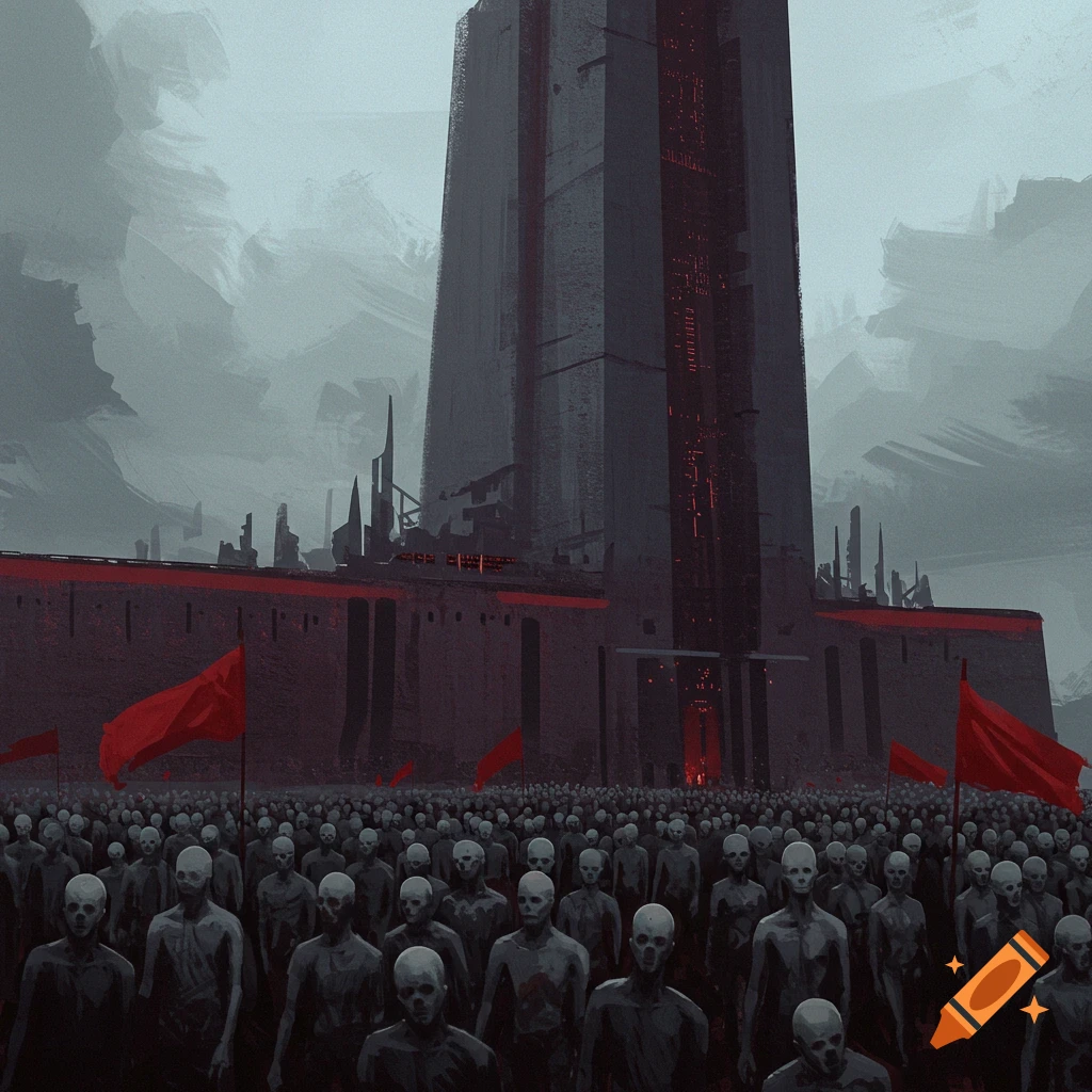 A large crowd of figures with skull-like faces stands before a dark brutalist building with red accents and red flags under a gray sky.