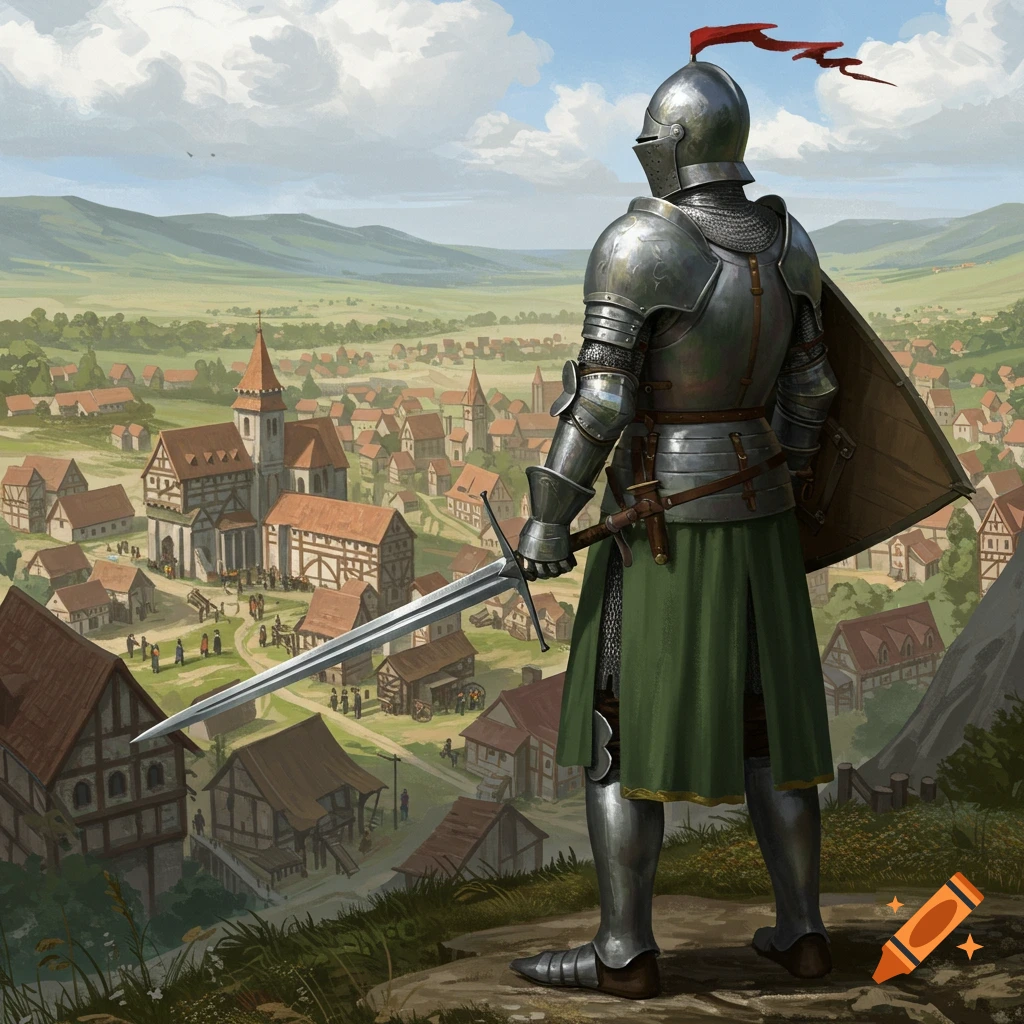 A knight in armor stands on a hill overlooking a medieval town.