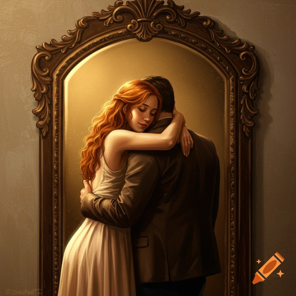 A woman with red hair is hugging a man, seen in an ornate mirror reflection.