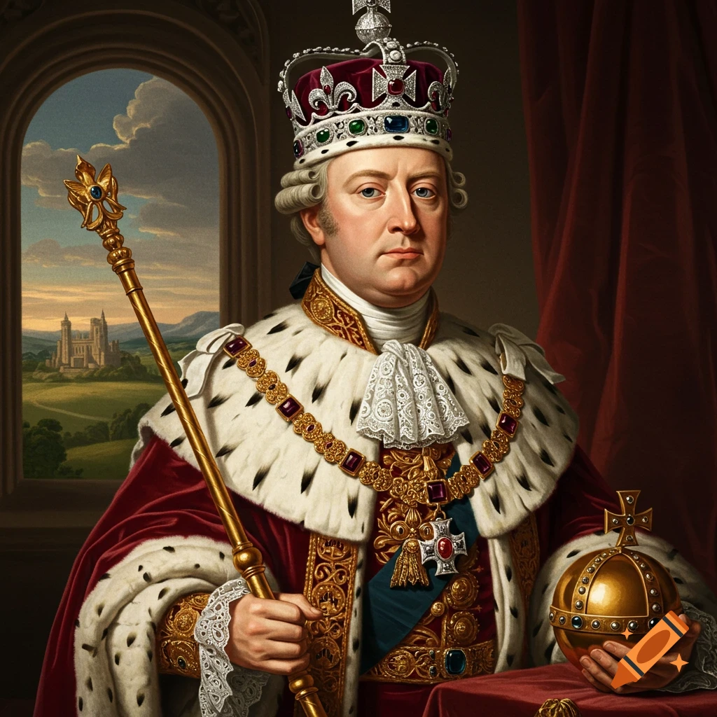 A king in crown and regalia, holding a scepter and orb, with a castle visible through a window.