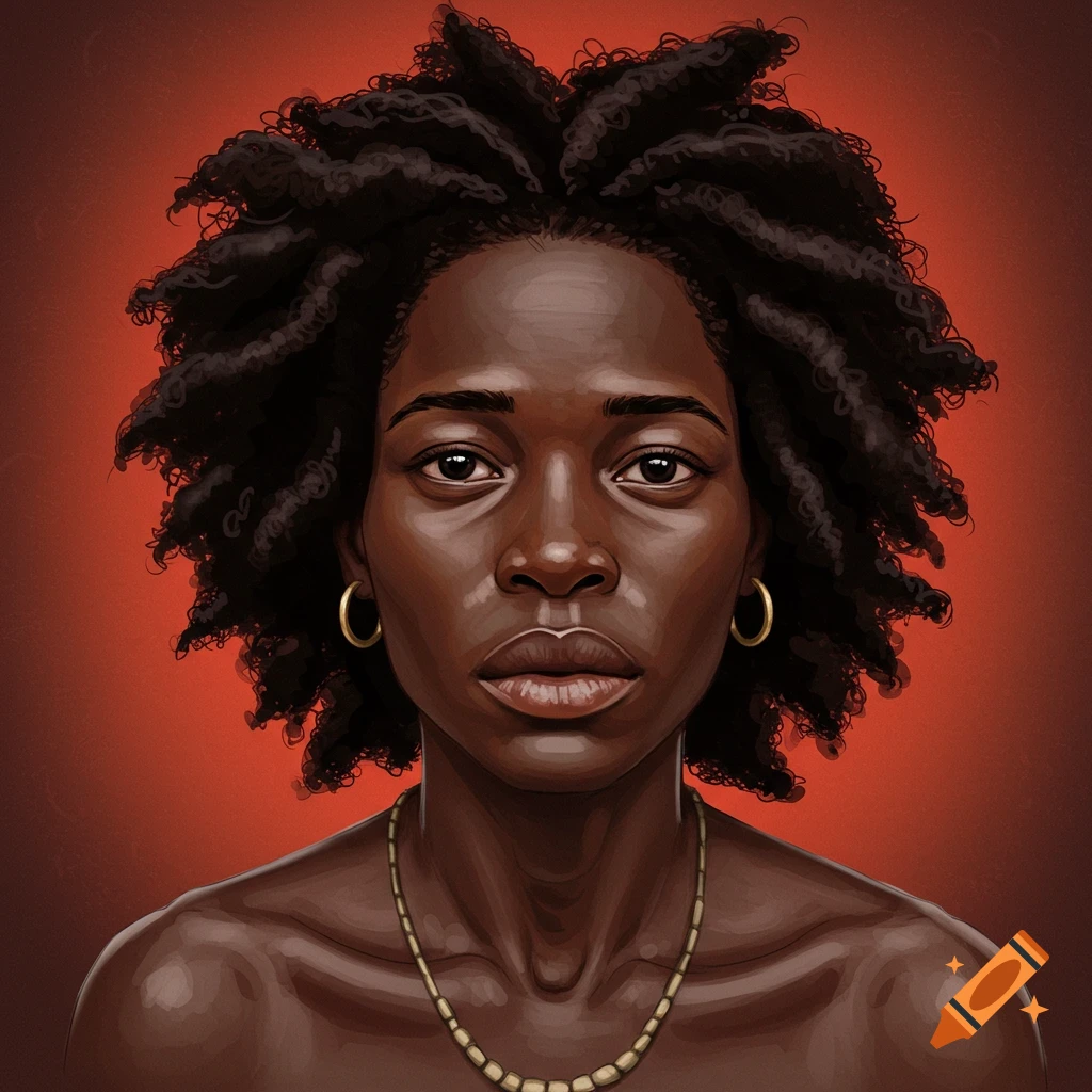 Portrait of a Black woman with curly hair and gold jewelry against a red background.