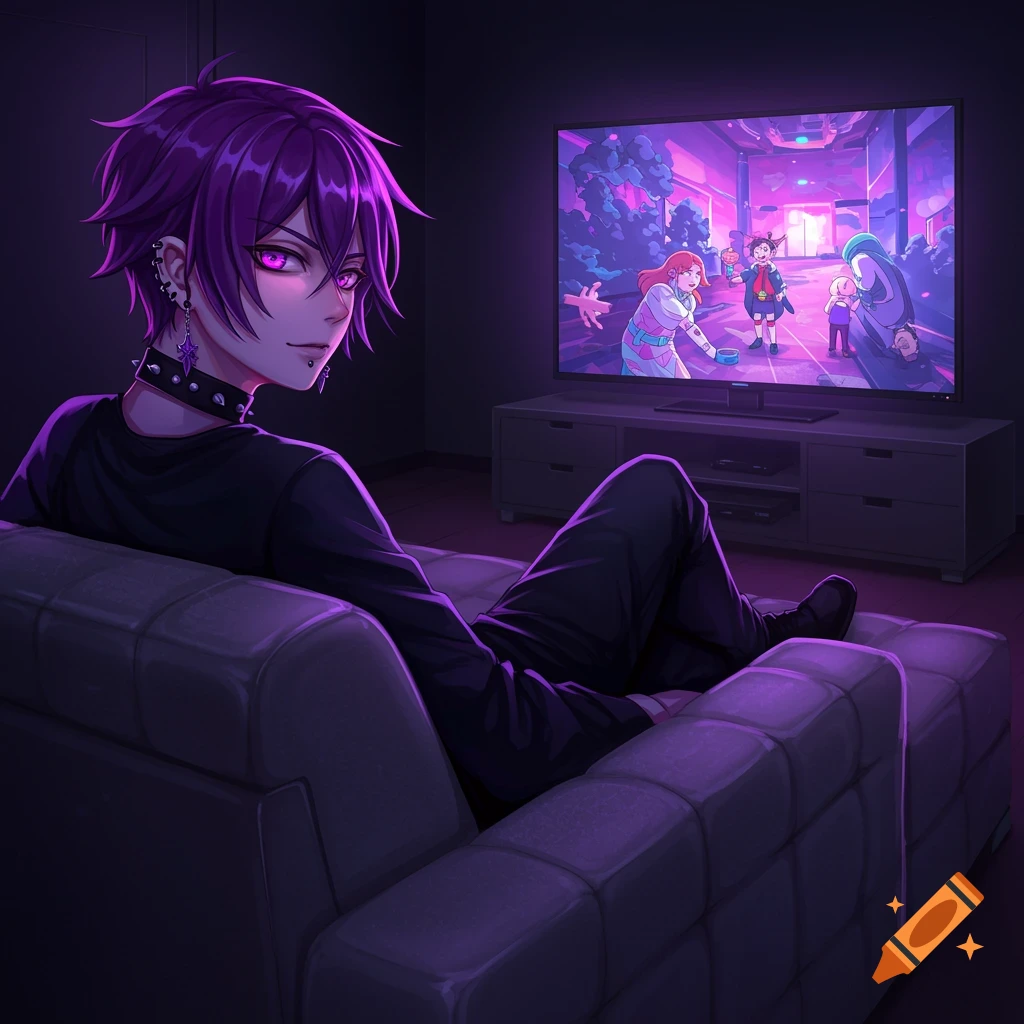 Anime style image of a person with purple hair and gothic clothing sitting on a sofa watching TV in a dark room.
