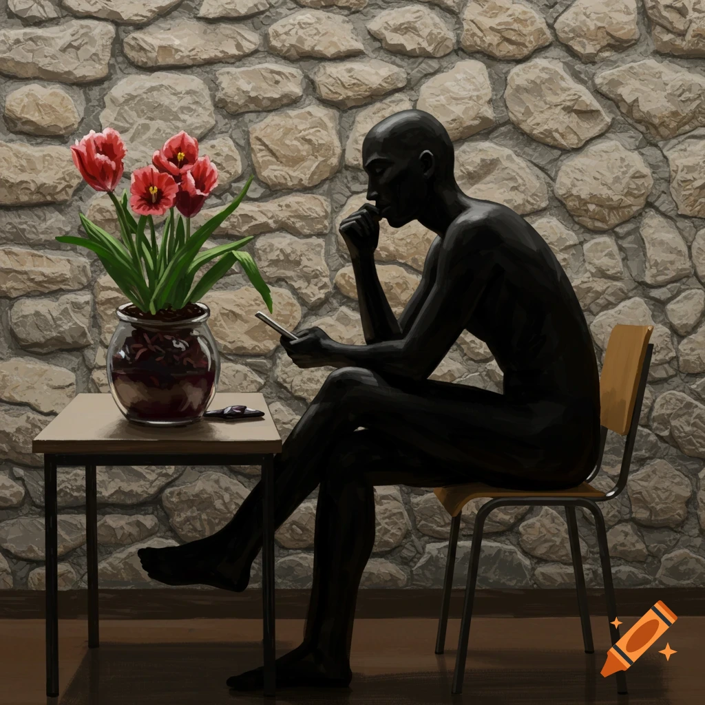 A black figure sits at a table with red flowers against a stone wall.