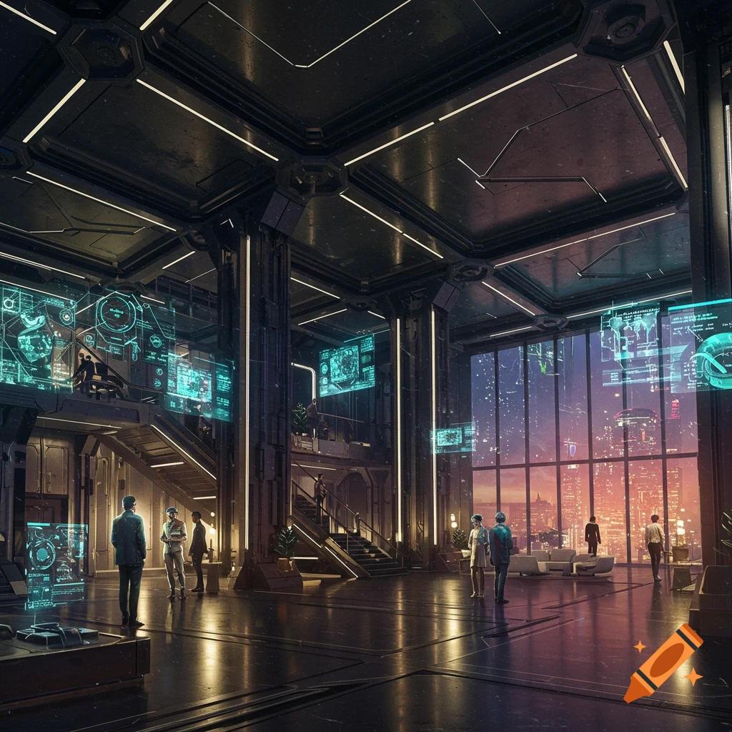 Futuristic interior of a large building with holographic screens and people looking out a window at a city skyline.