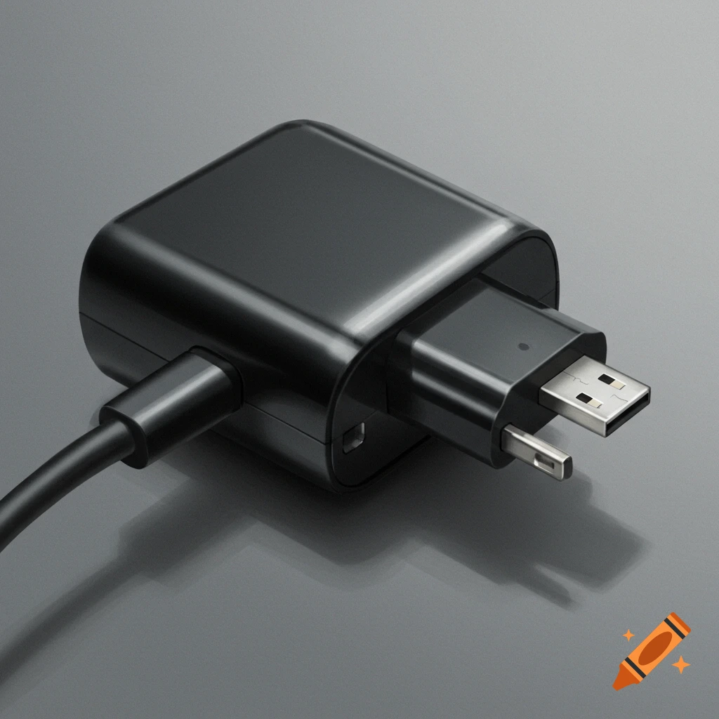 A black charging adapter with foldable prongs and a cable.