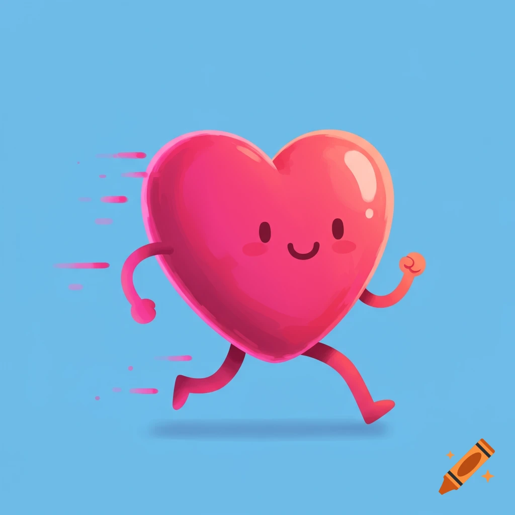 Cartoon pink heart character running on a blue background