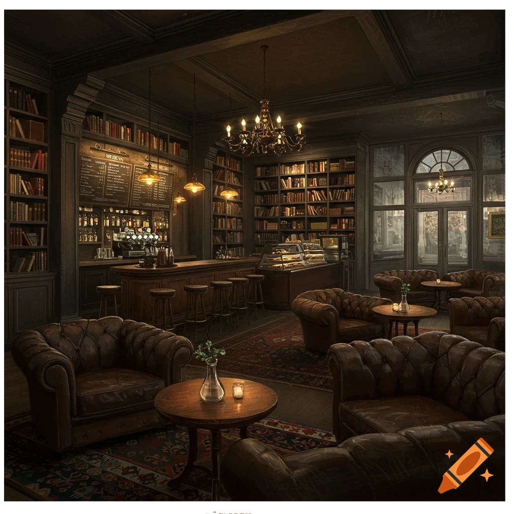 Moody scene of a cozy library bar with bookshelves, a bar, and leather armchairs.