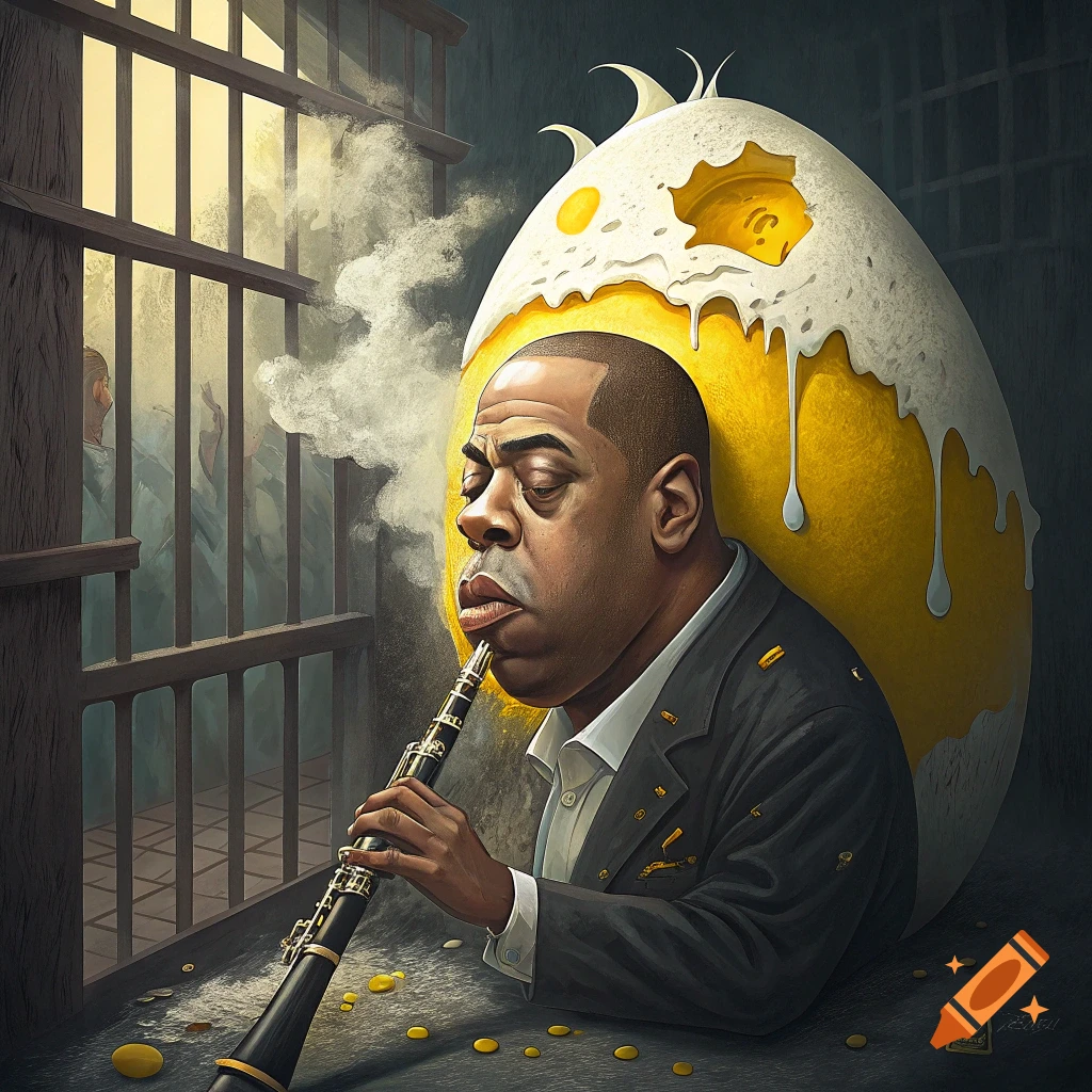Surreal illustration of a man playing a smoke-clarinet in a jail cell next to a giant cracked egg.