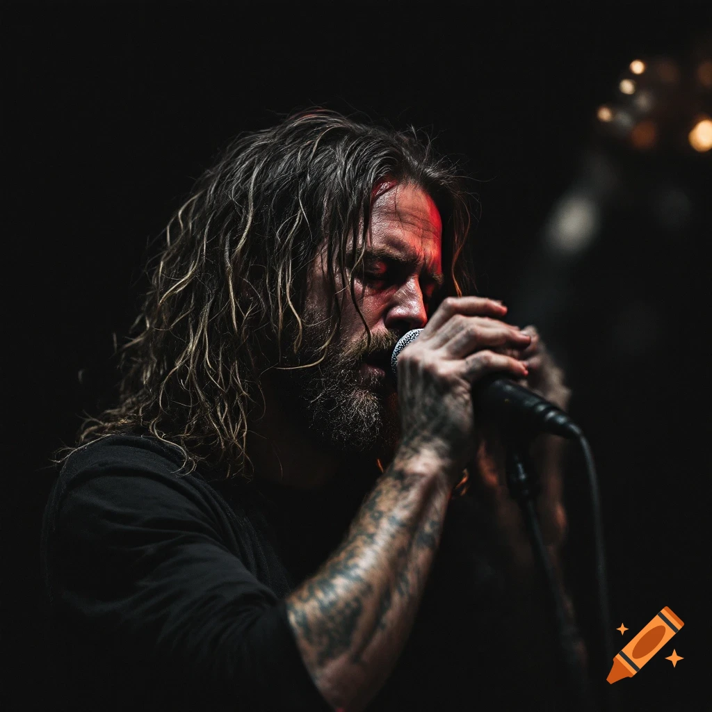 Man with long hair and beard singing into a microphone on a dark stage.