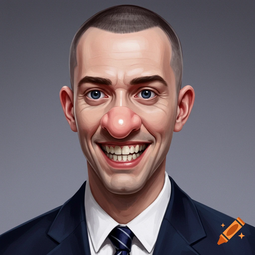 A man in a suit with a large red nose and a wide smile.