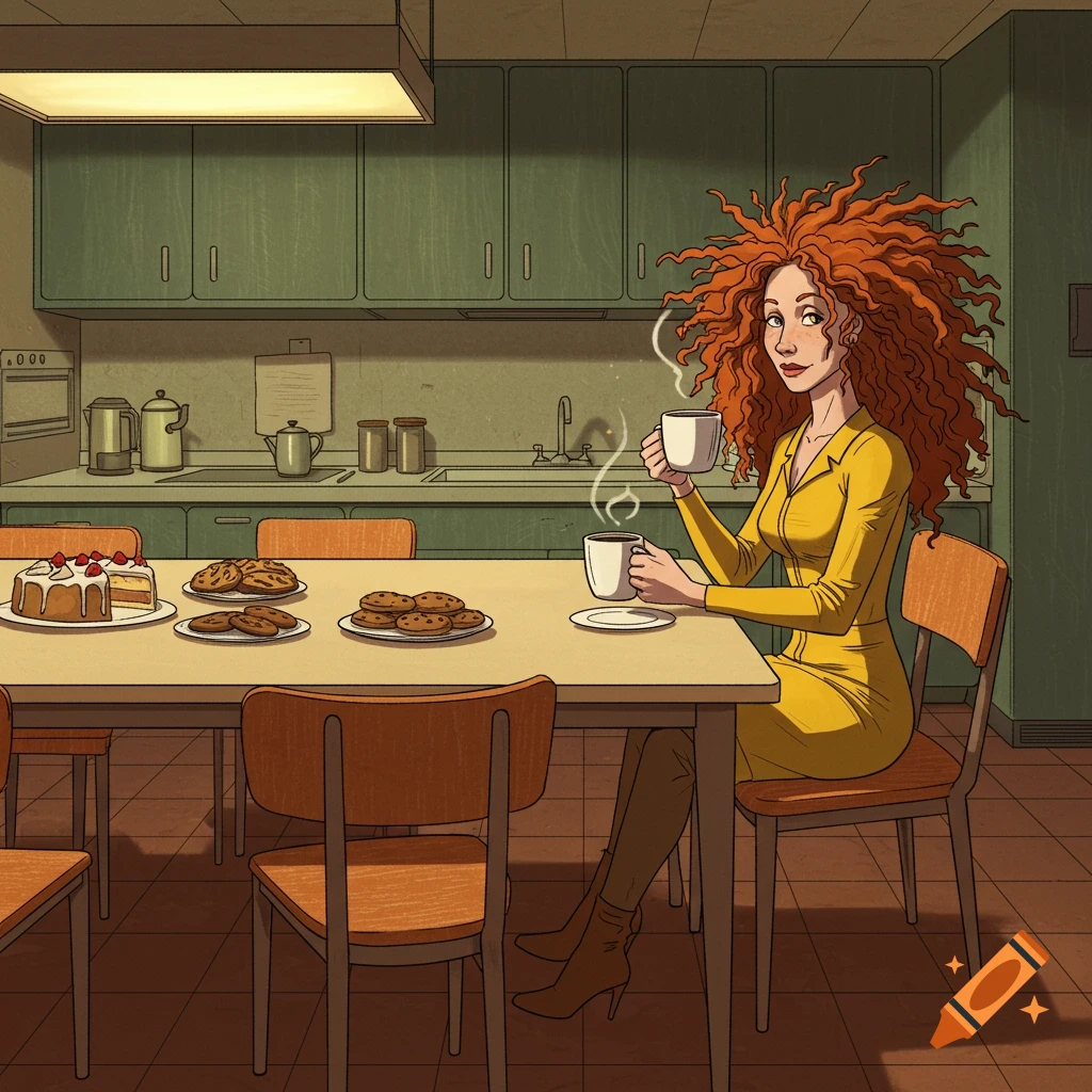 Illustration of a woman with wild red hair sitting at a kitchen table with coffee, cake, and cookies, in Fallout style.