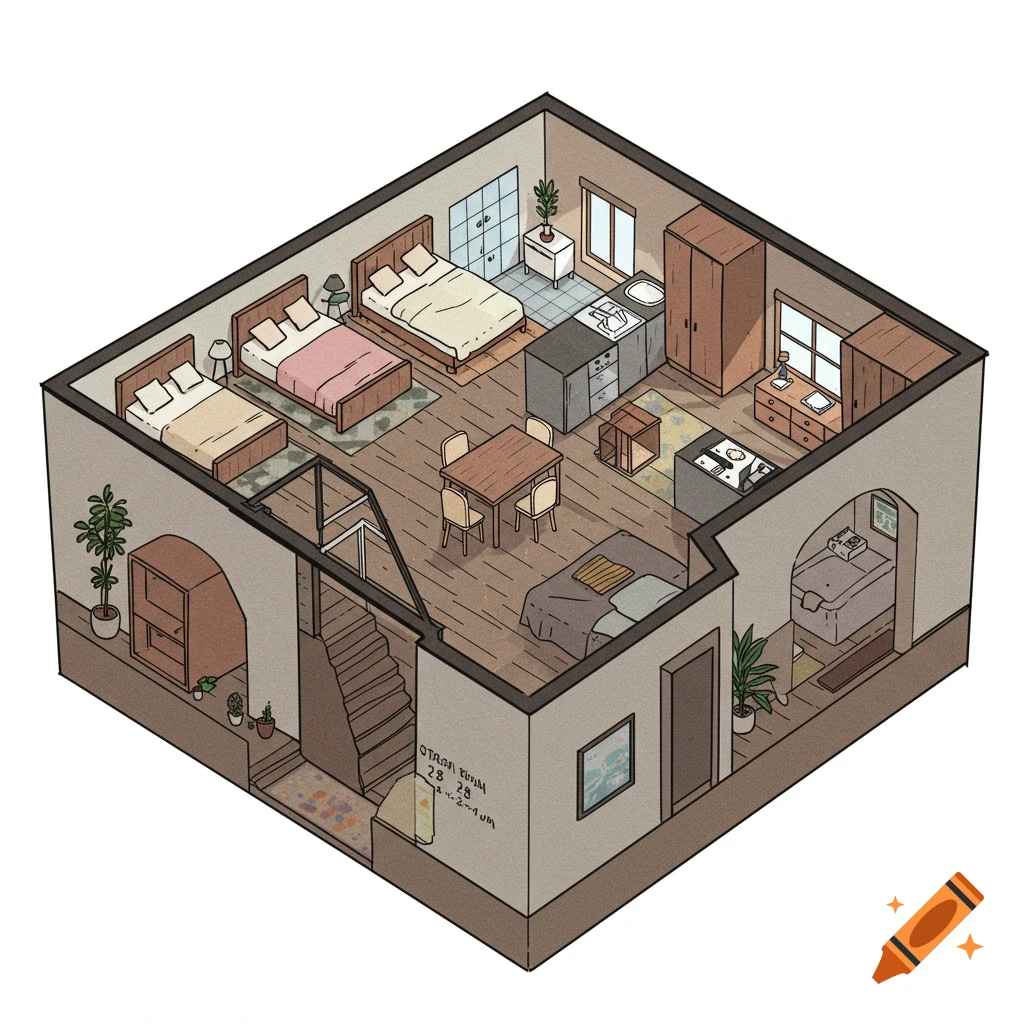 Isometric stylized drawing of a house interior layout with bedrooms, kitchen, dining area, and stairs.