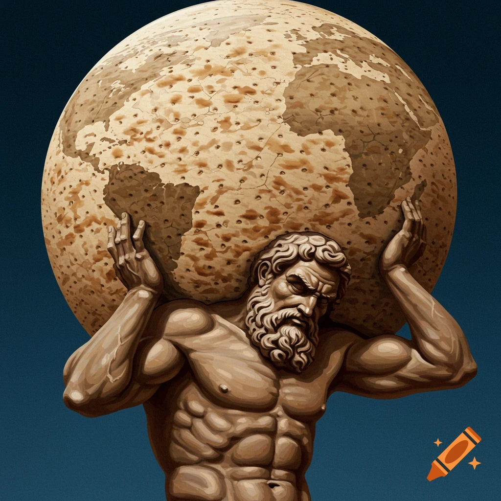 A statue of Atlas is shown holding a globe made of matzah.