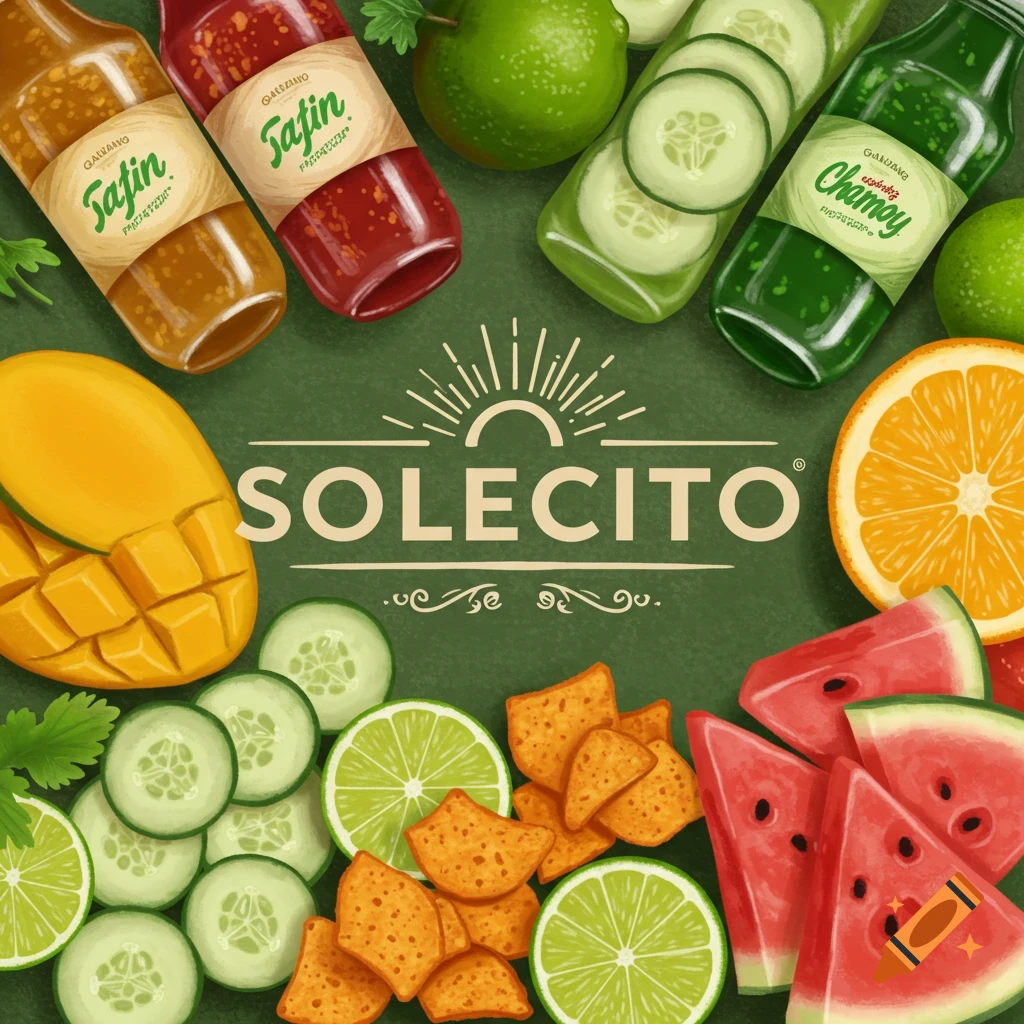 Illustration of the Solecito logo with mango, watermelon, cucumber, lime, chips, and Tajin and Chamoy bottles.