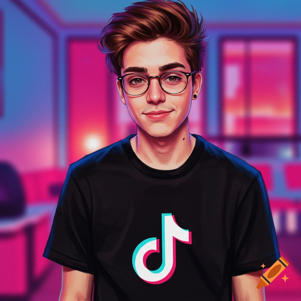 A young man with glasses wearing a black t-shirt with the TikTok logo