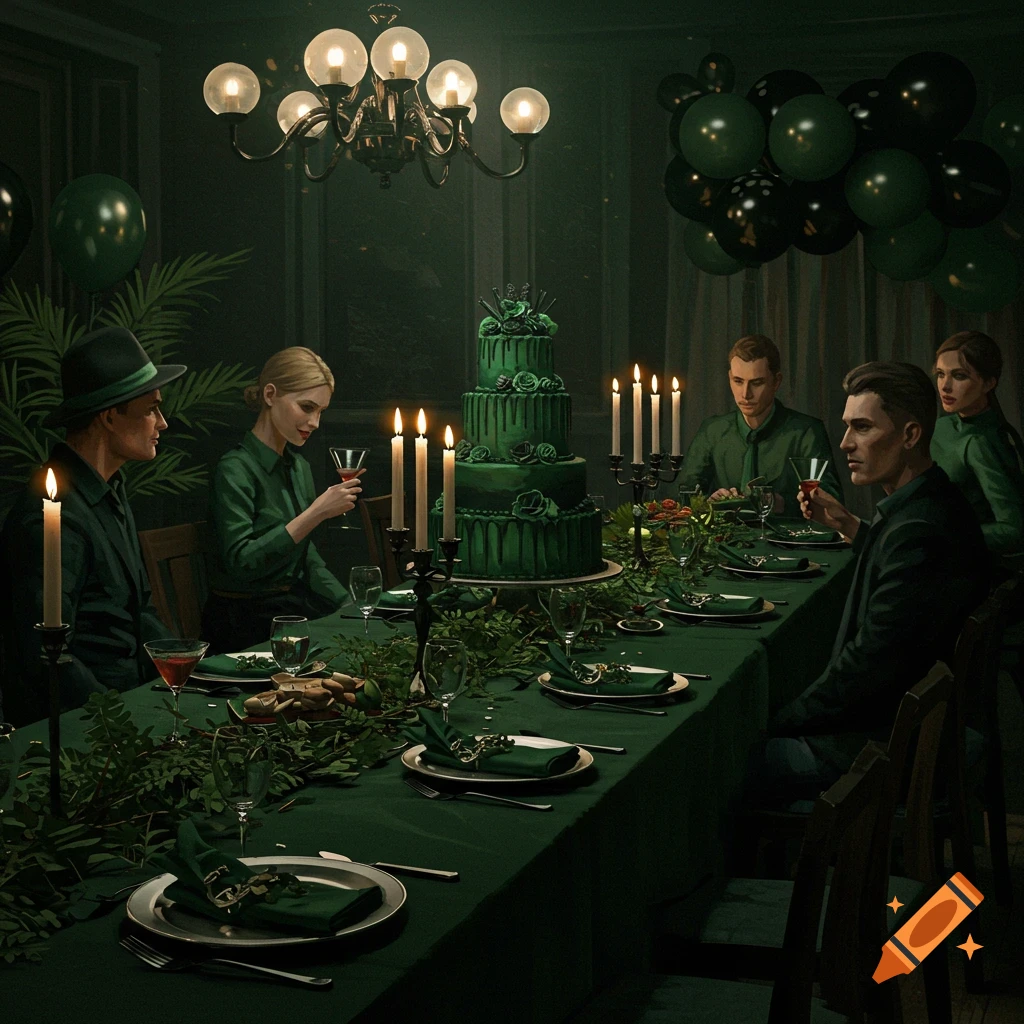 Dark green and black themed birthday dinner party with people around a table, cake, and balloons.