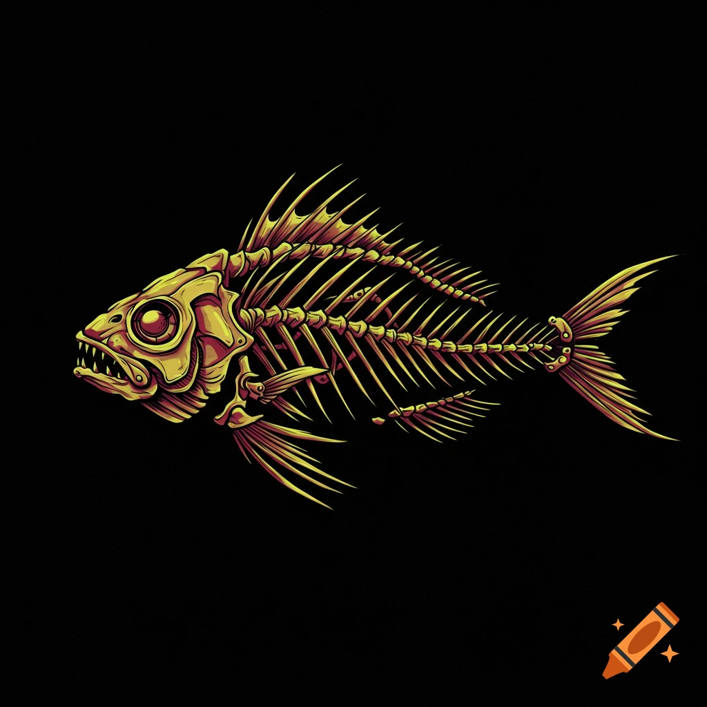 Stylized yellow and orange fish skeleton on a black background