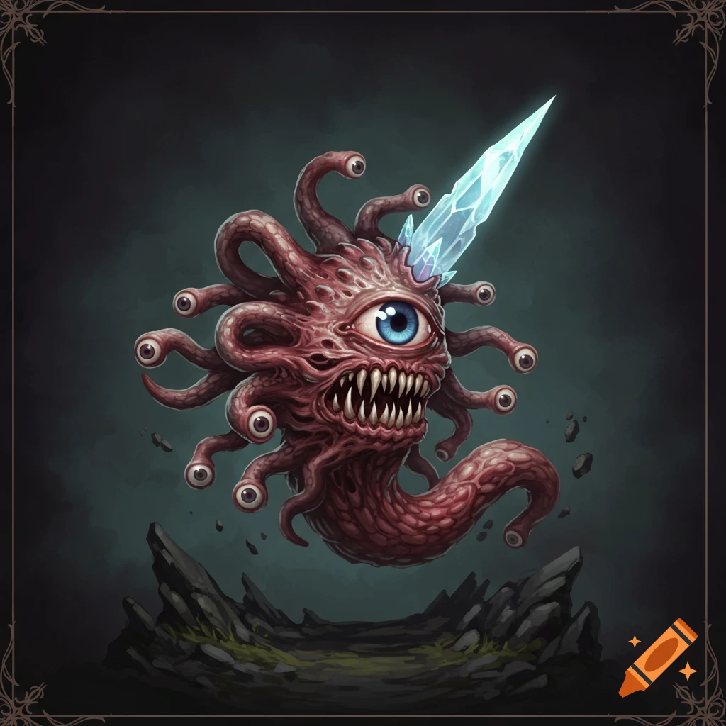 A fantasy beholder monster with multiple eyes, tentacles, teeth, and a crystal horn.