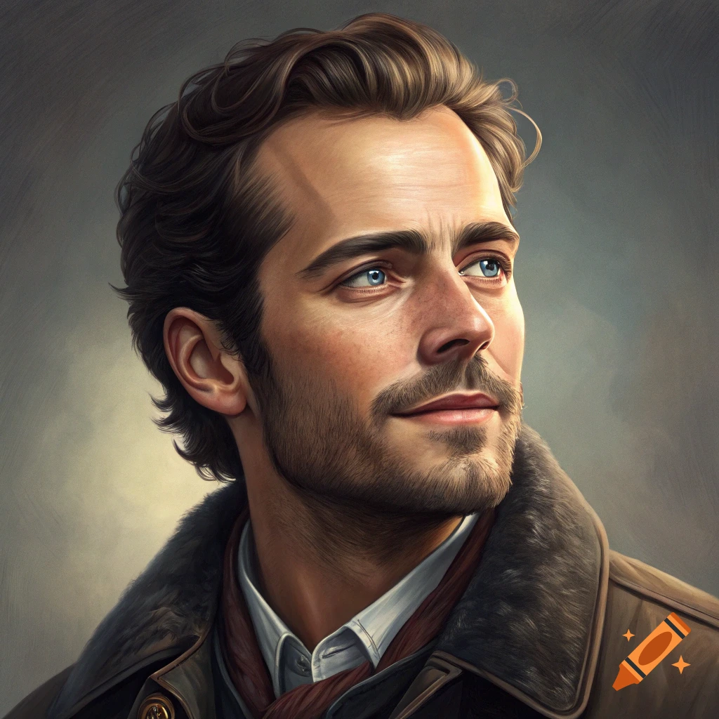 Painted portrait of a man with blue eyes and beard, wearing a brown leather coat with fur trim.