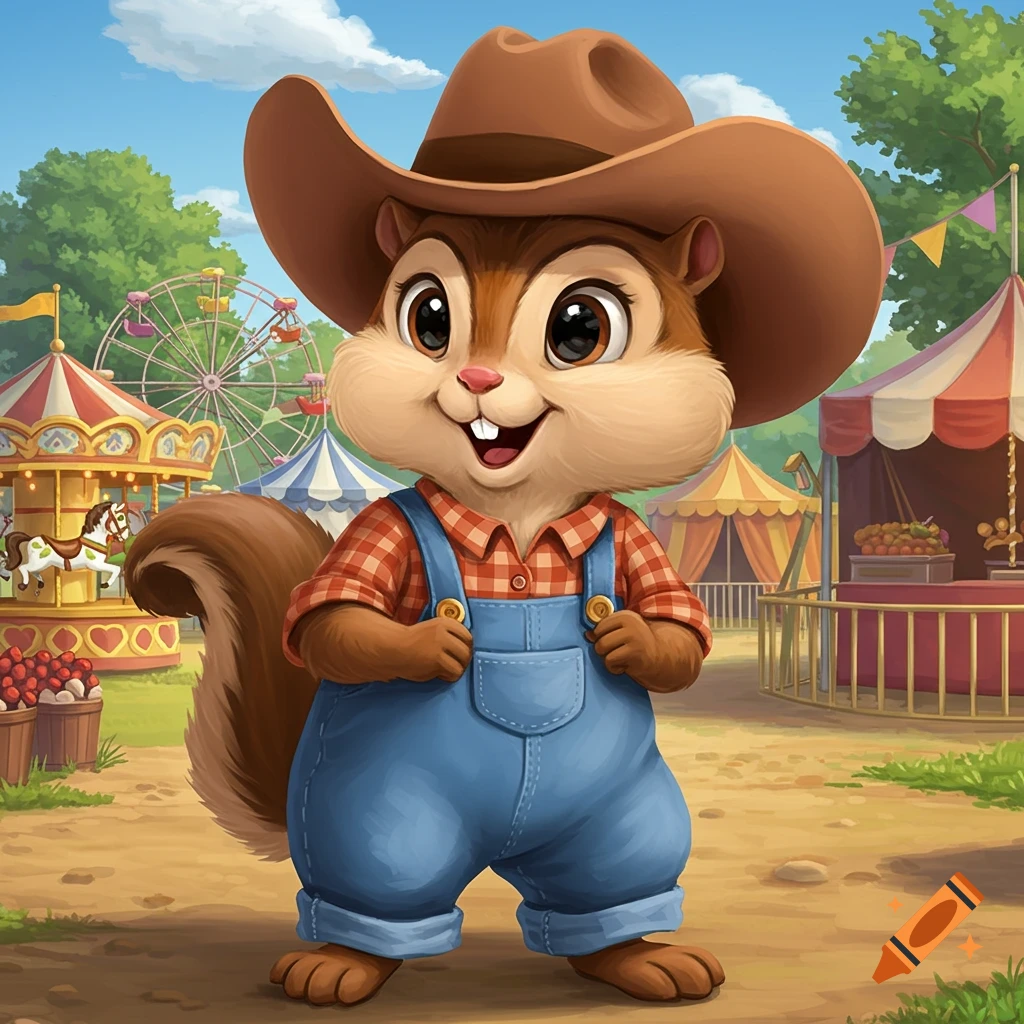 Cartoon chipmunk in overalls and cowboy hat at a fairground