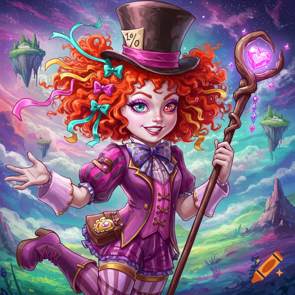 Illustration of a girl in Mad Hatter-witch attire with a staff, floating islands in background.