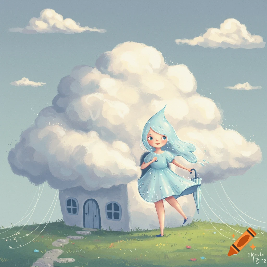 Digital illustration of a raindrop girl with an umbrella standing near a cloud house in a field.