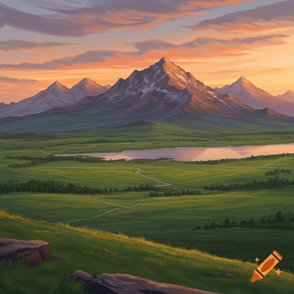 A mountainous landscape with a lake at sunset.