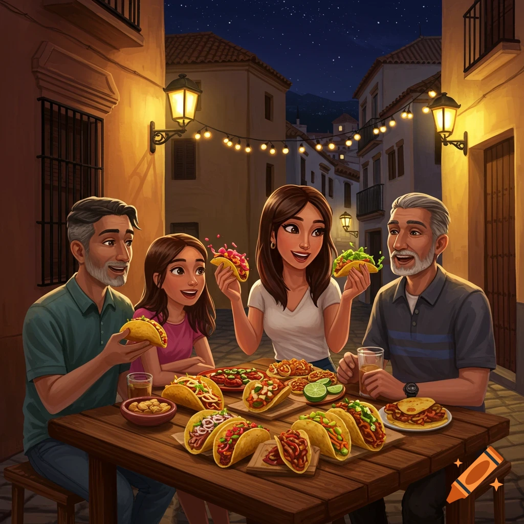 Family eats tacos at a table outside at night
