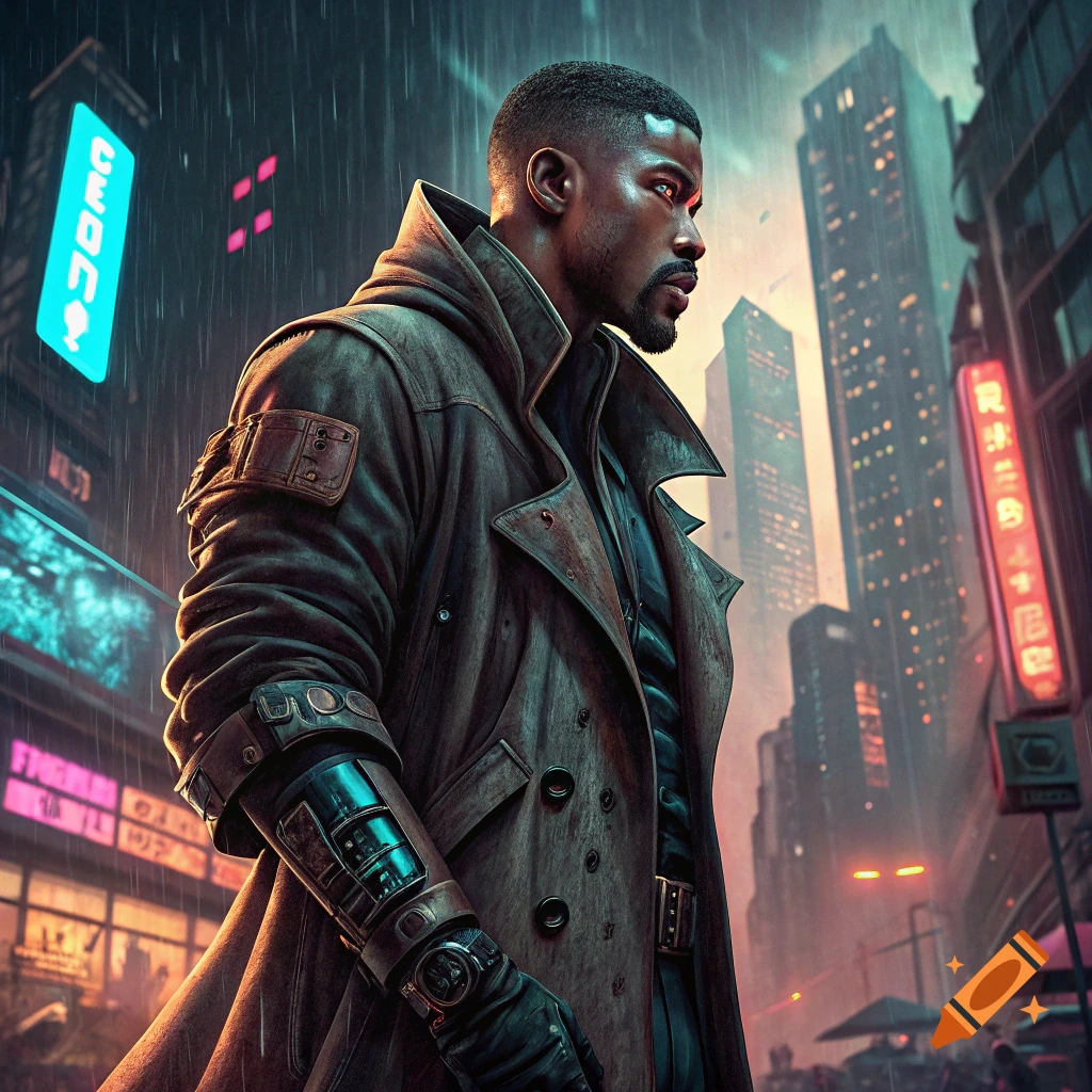 A man in a long coat stands in a rainy, neon-lit cyberpunk city.