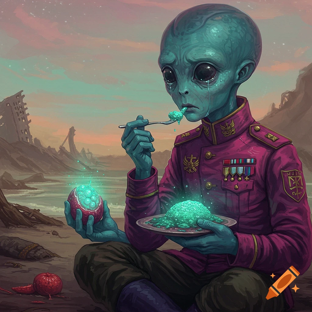 Sad alien in military uniform eating food in a ruined landscape.