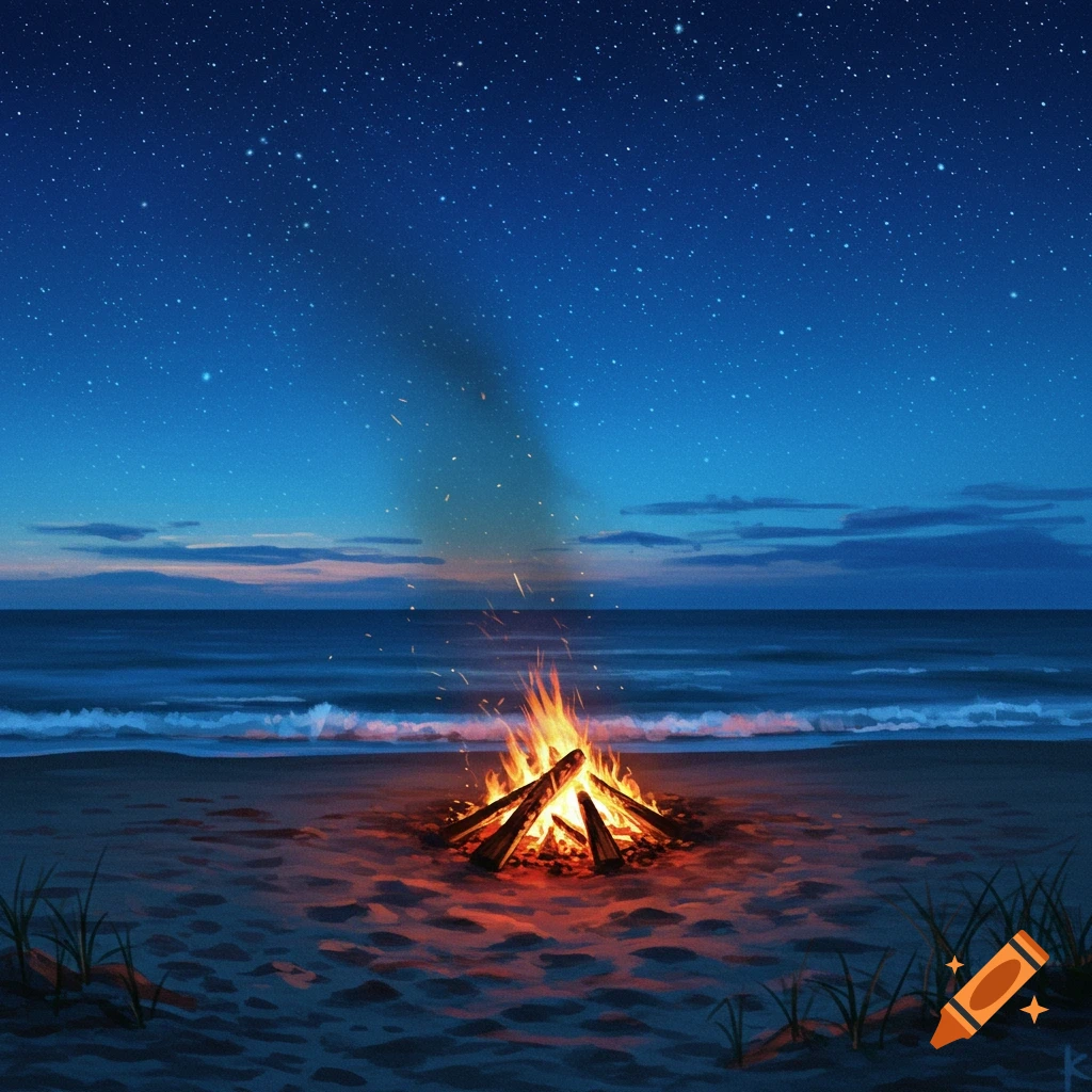 A bonfire burns on a beach at night with stars overhead and ocean waves in the background.