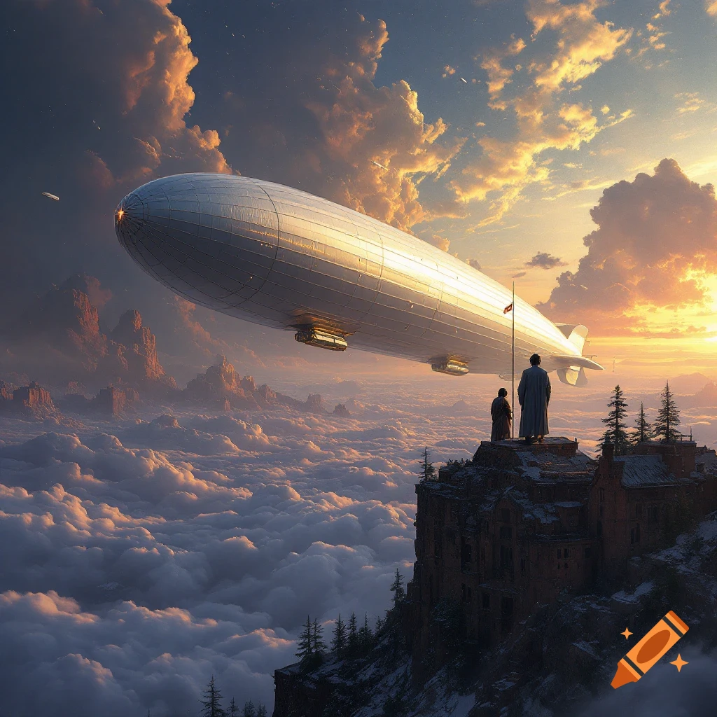 A large blimp flying over clouds and mountains at sunset, with two figures watching from a cliff.