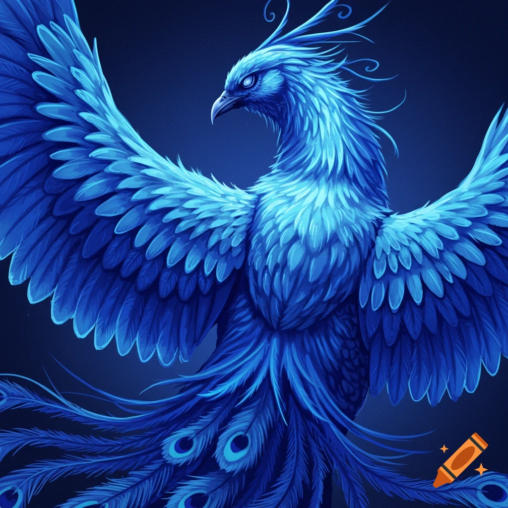 A vibrant blue phoenix with large wings spread.