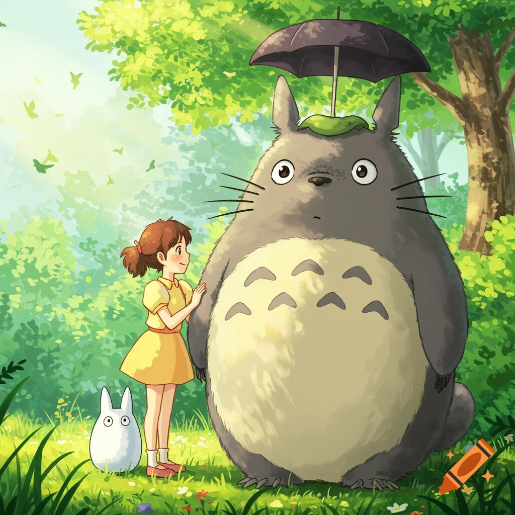 Girl stands beside Totoro holding an umbrella, with a small white creature in a lush forest, anime style.