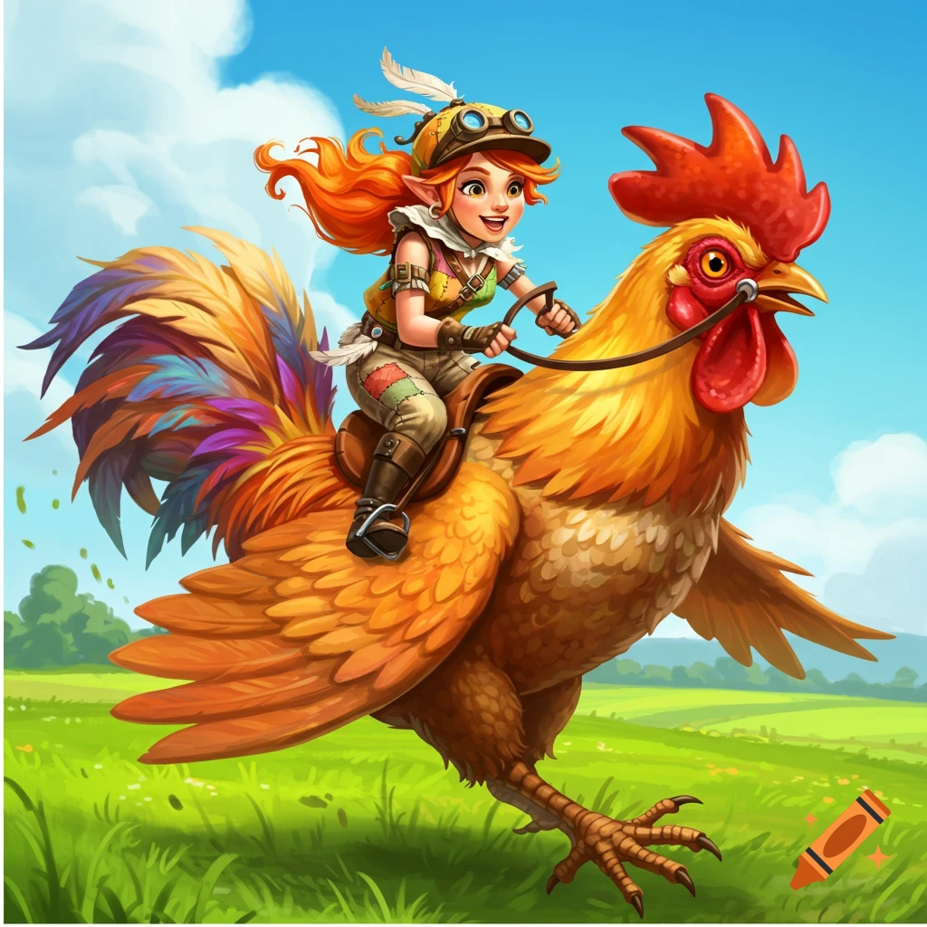 A small fantasy character rides a giant rooster through a sunny field.