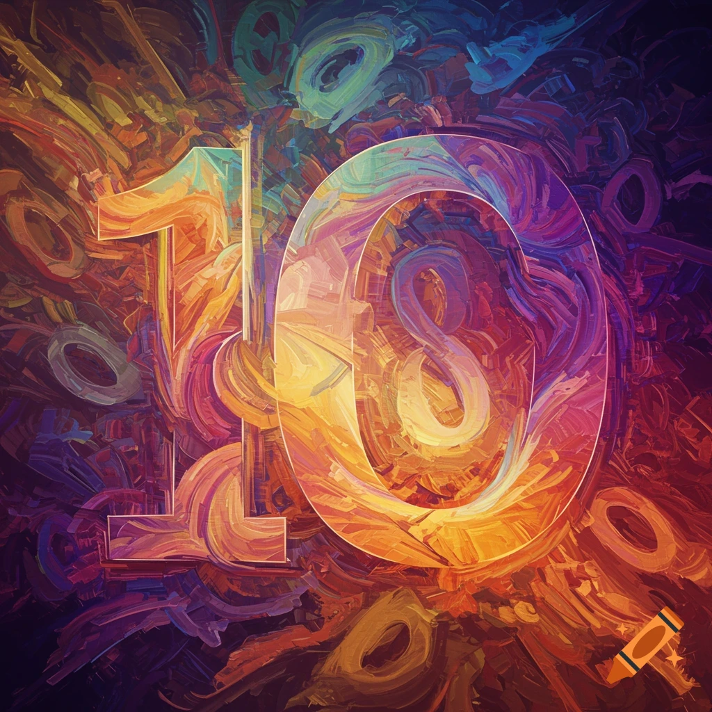 Abstract image featuring the number 10 with vibrant colors and brushstroke texture.