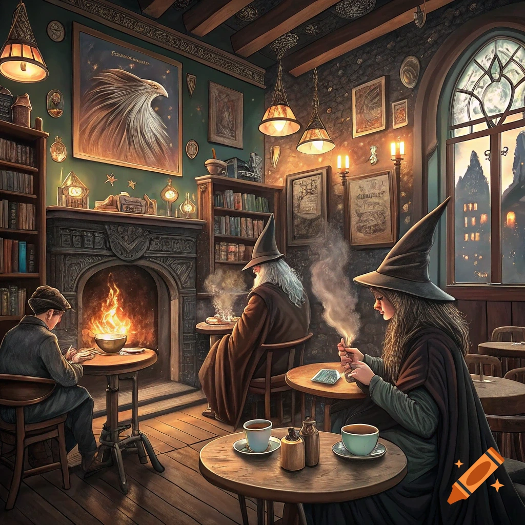 Wizards in a cozy cafe with a fireplace and large window.