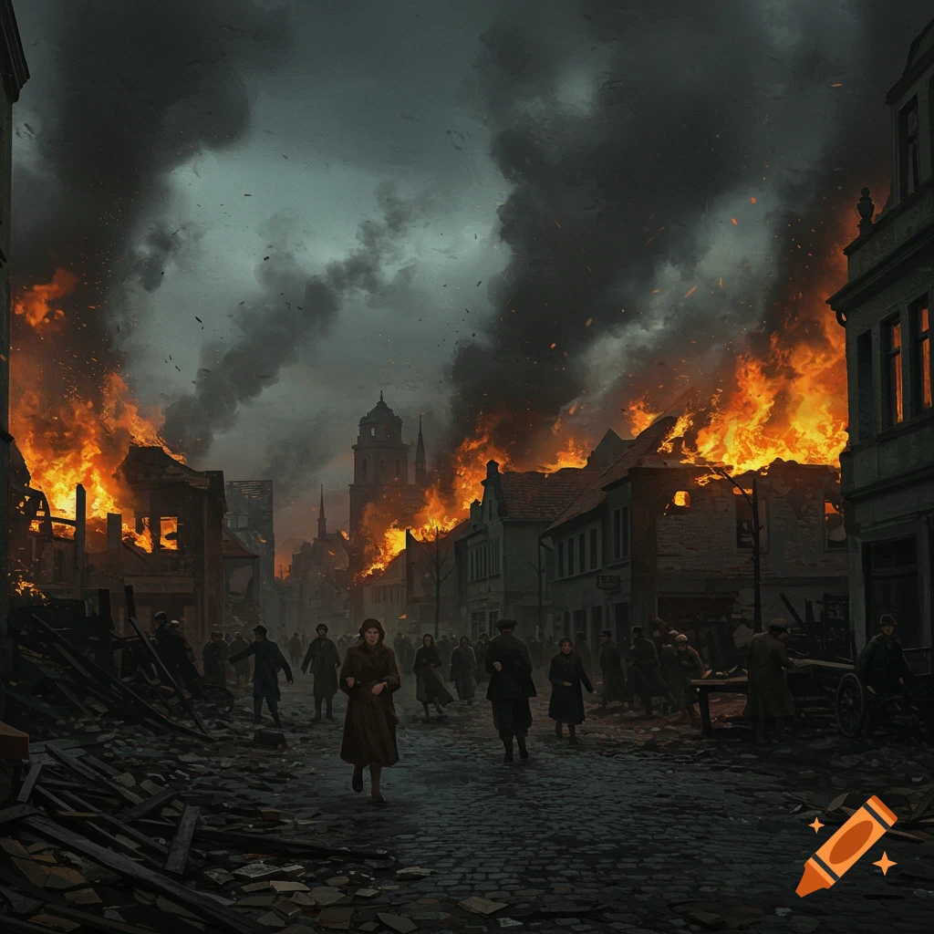 A ruined street with buildings burning and people fleeing under a dark sky.
