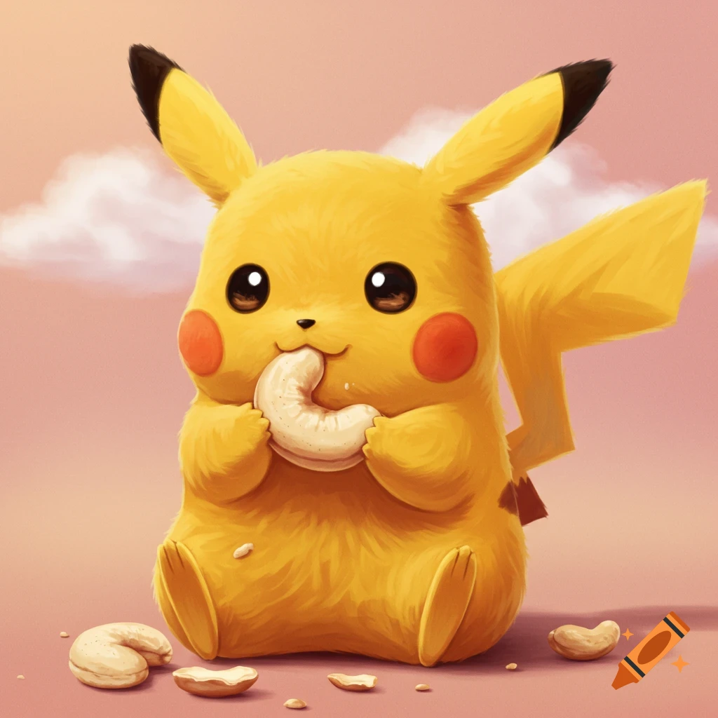 Cute cartoon illustration of Pikachu sitting and eating a cashew.