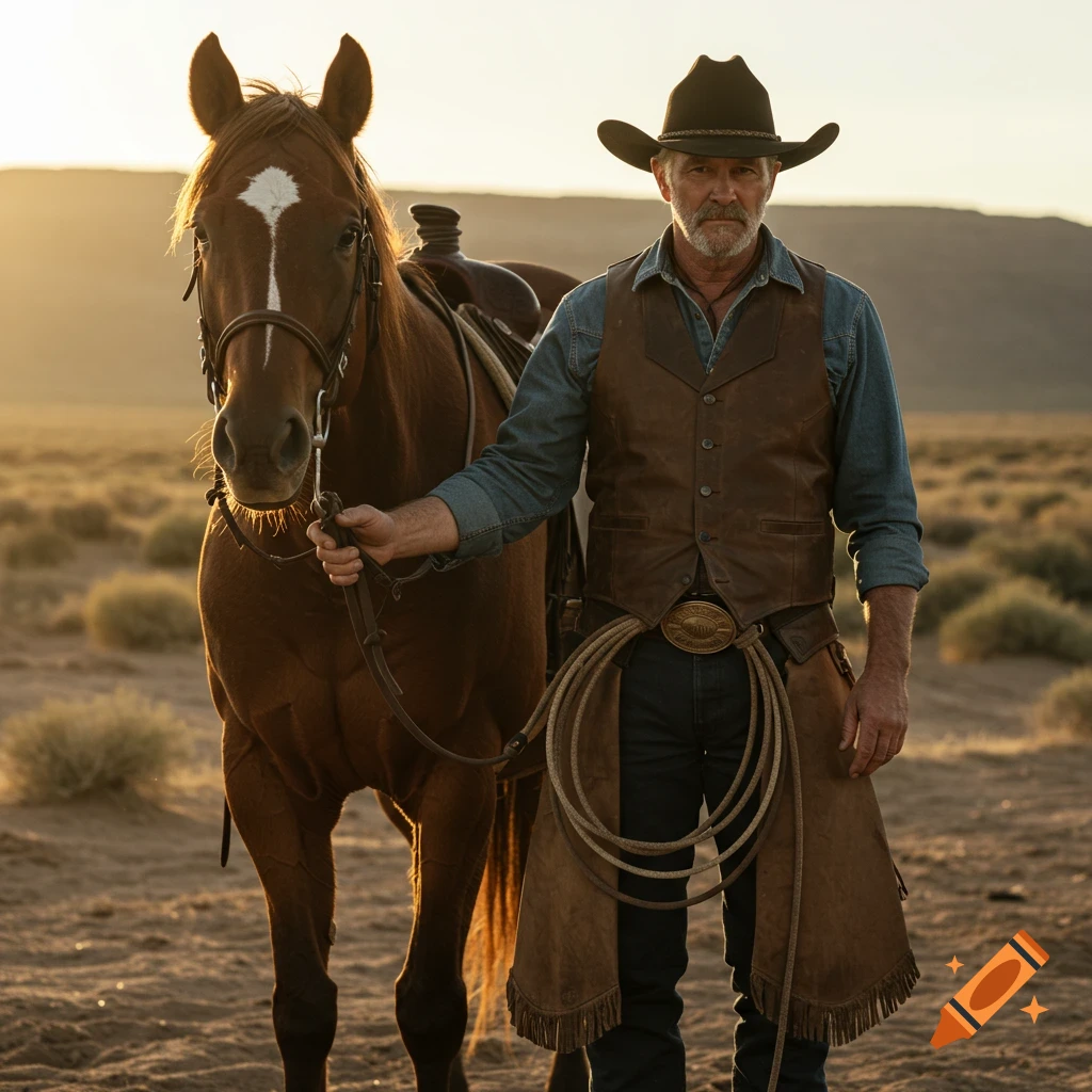 A man dressed as a cowboy stands next to his horse in a desert landscape at sunset. Photorealistic style.