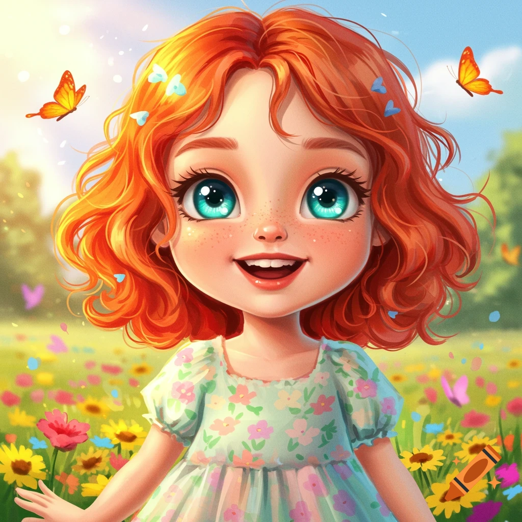 Smiling red-haired girl with big eyes in a sunny field of wildflowers and butterflies.