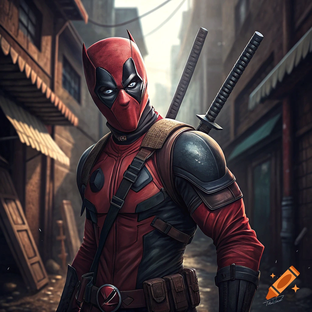 Detailed illustration of Deadpool standing in an alleyway.