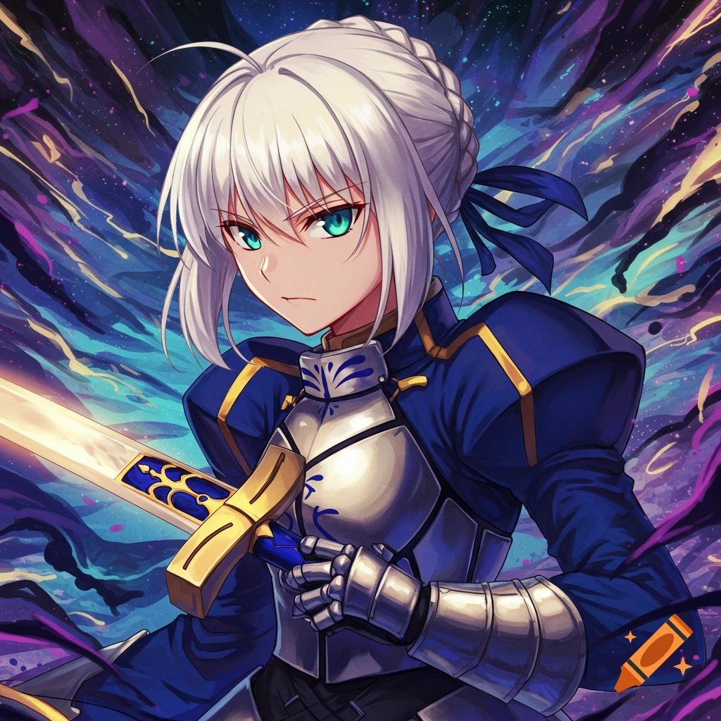 Anime girl in blue and silver armor holds a glowing sword.