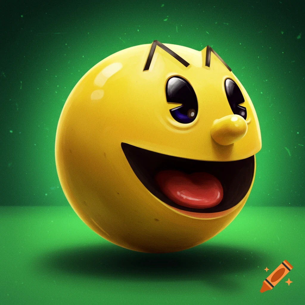 Realistic 3D rendering of Pac-Man's face smiling on a green background.