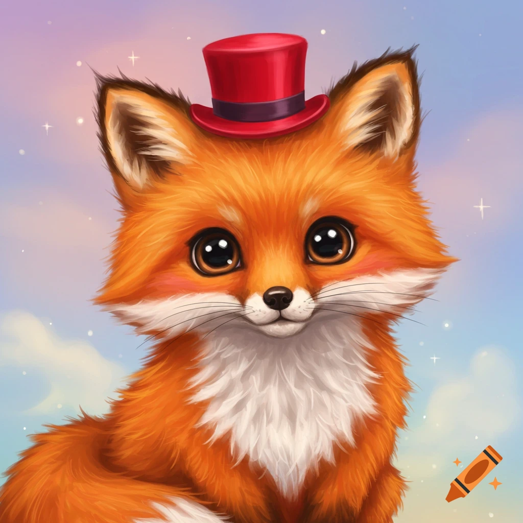 Cute fox wearing a red top hat.