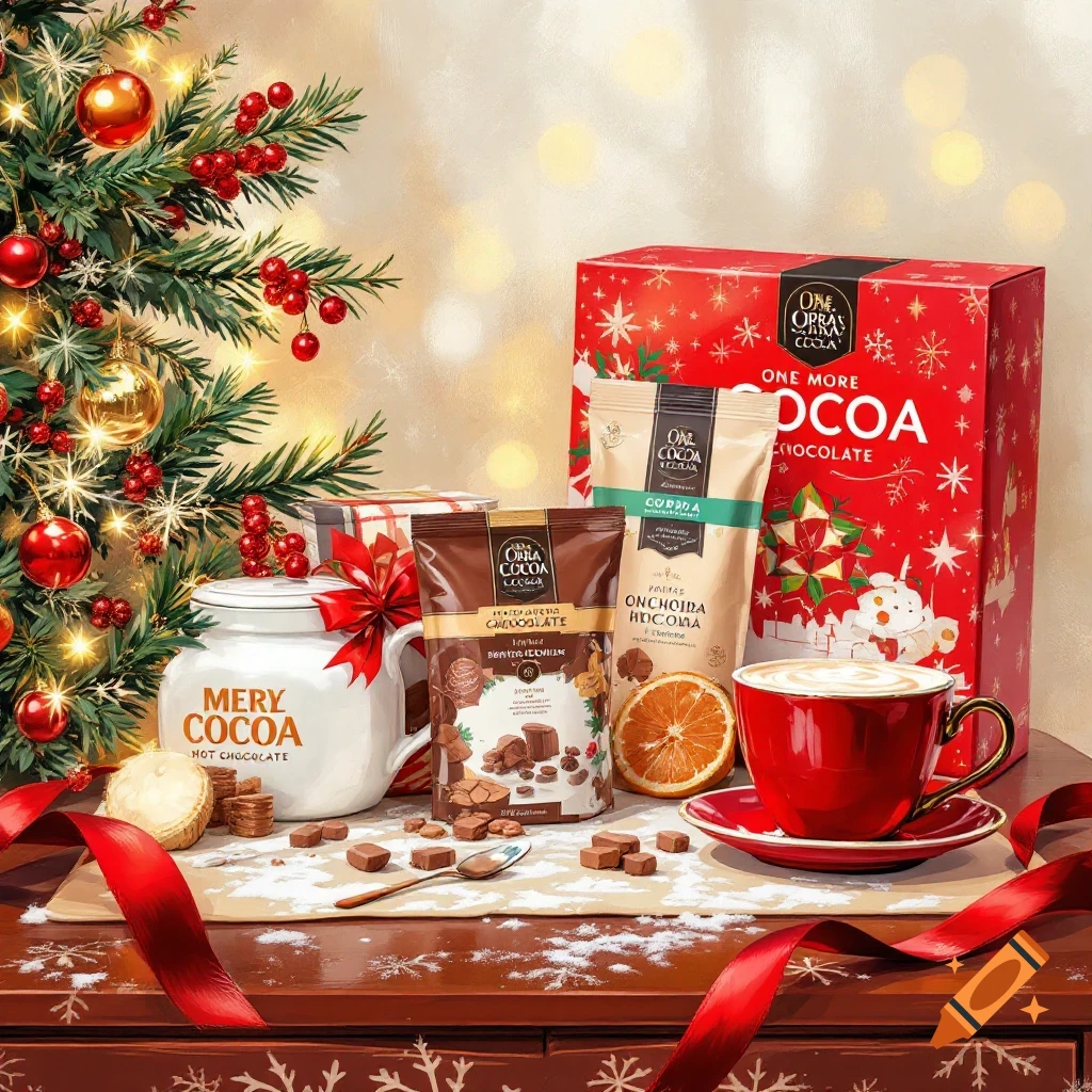 Christmas scene with hot cocoa mug, chocolate, gift box, and festive decorations