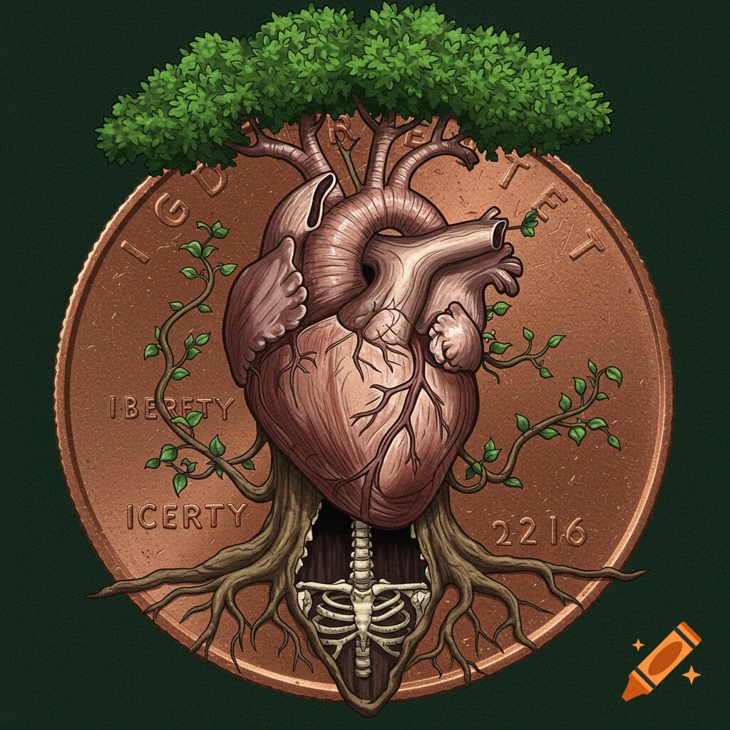 Digital illustration of an anatomical heart as a tree on a penny with roots connecting to a skeleton below.