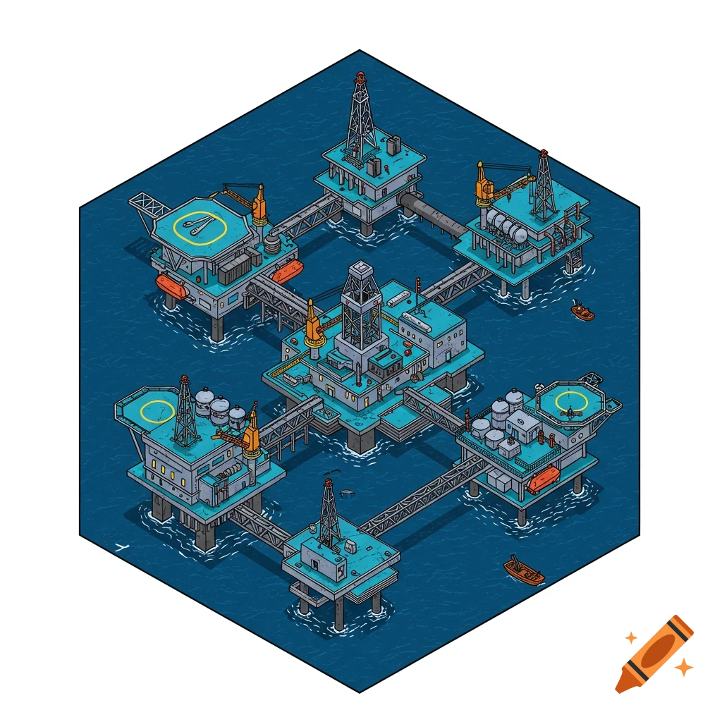 Isometric digital drawing of several oil rigs connected by walkways in the ocean.