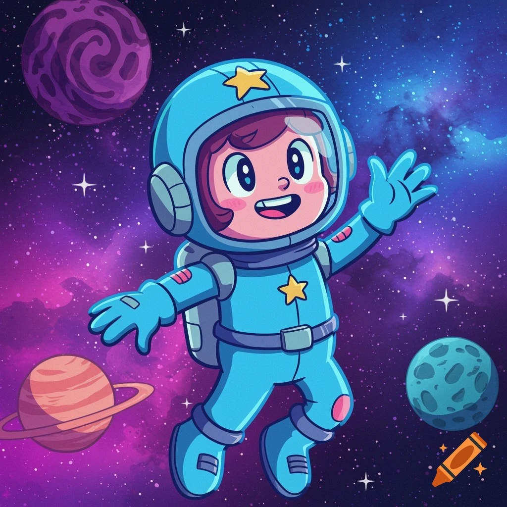 Cartoon astronaut floating in space with planets and stars