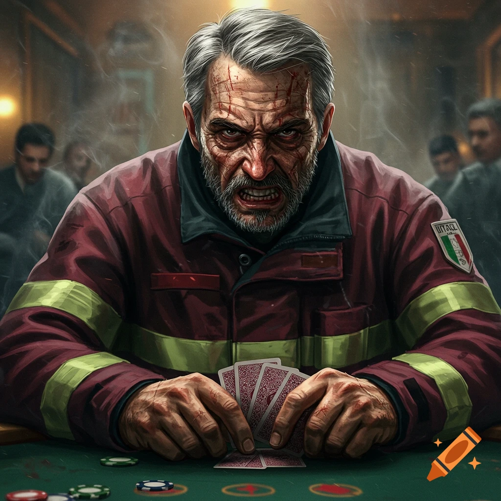 An angry Italian firefighter with scratches on his face playing poker.